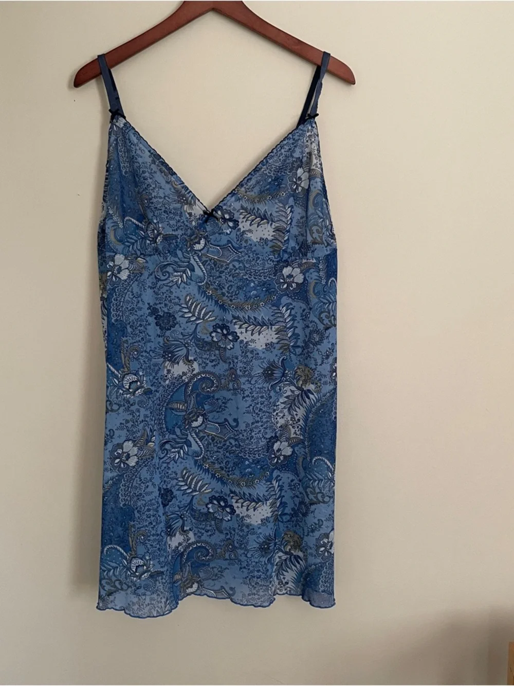 Vintage Blue Floral Satin Slip Chemise with Navy Straps - Picture 4 of 11